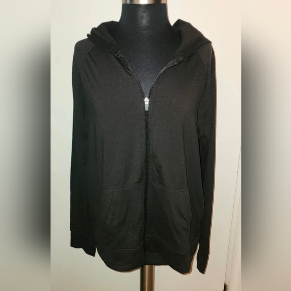 Athletic Works All Black FULL Zipper Hooded Sweatshirt/ Hoodie Jacket LARGE - Picture 2 of 9